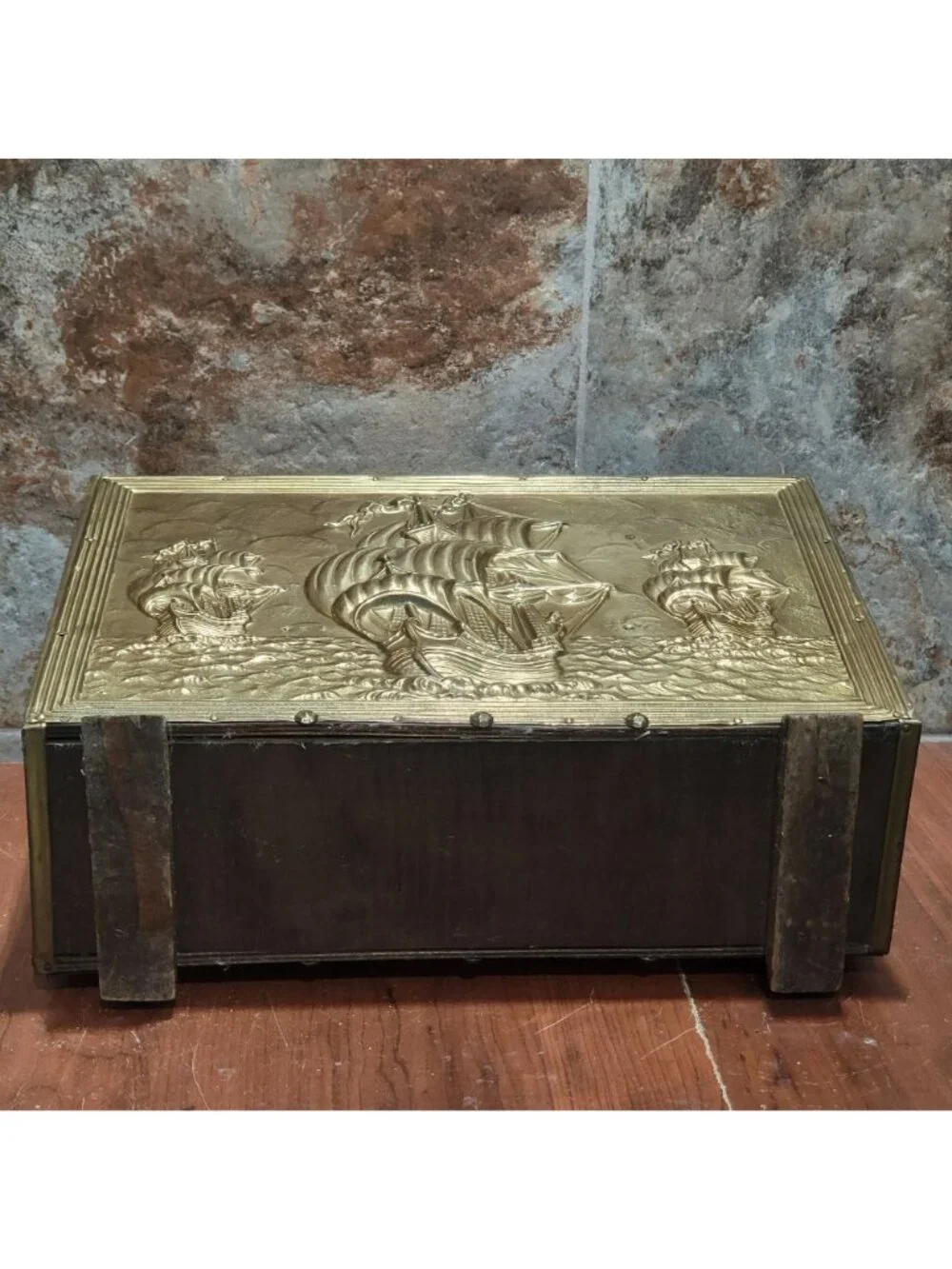 Antique Embossed Brass Fireplace Coal Box Magazine Bin Sailing Ships Vintage
